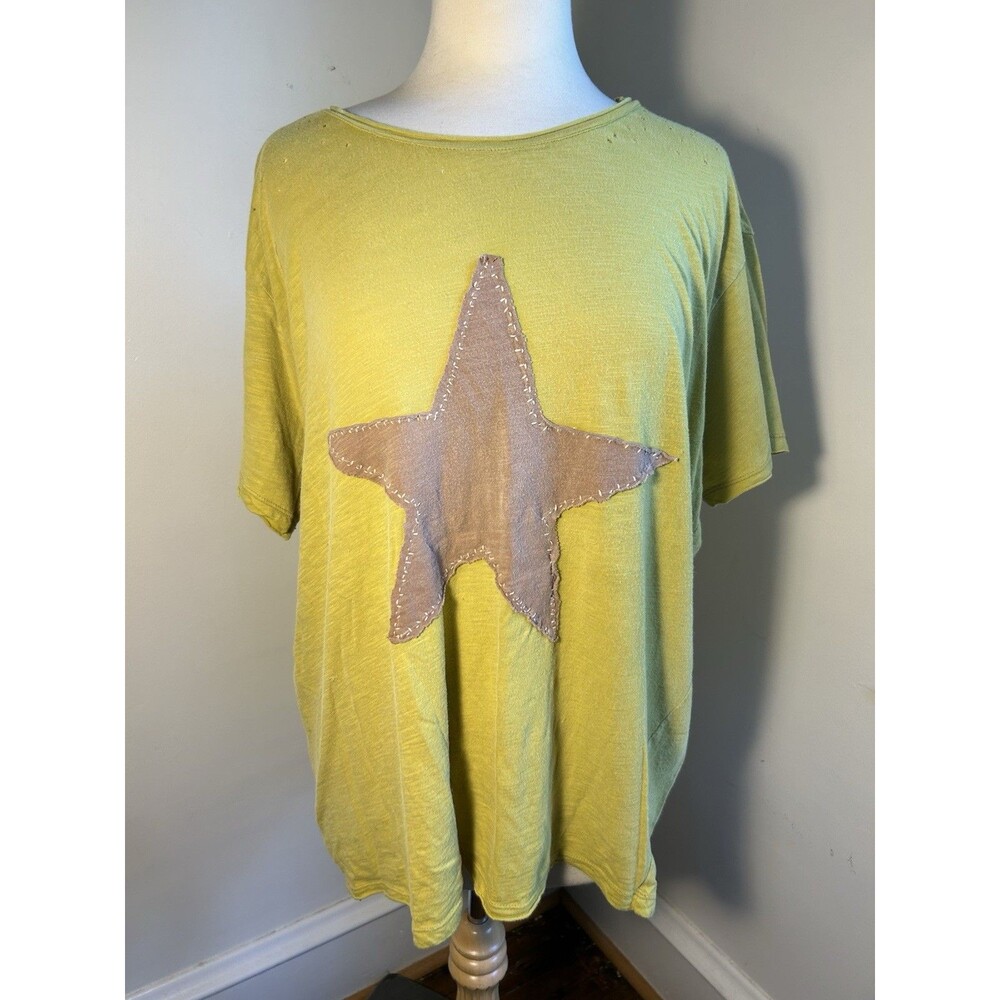 Magnolia Pearl Pink Star Embroidered Distressed yellow T Shirt XL Oversized